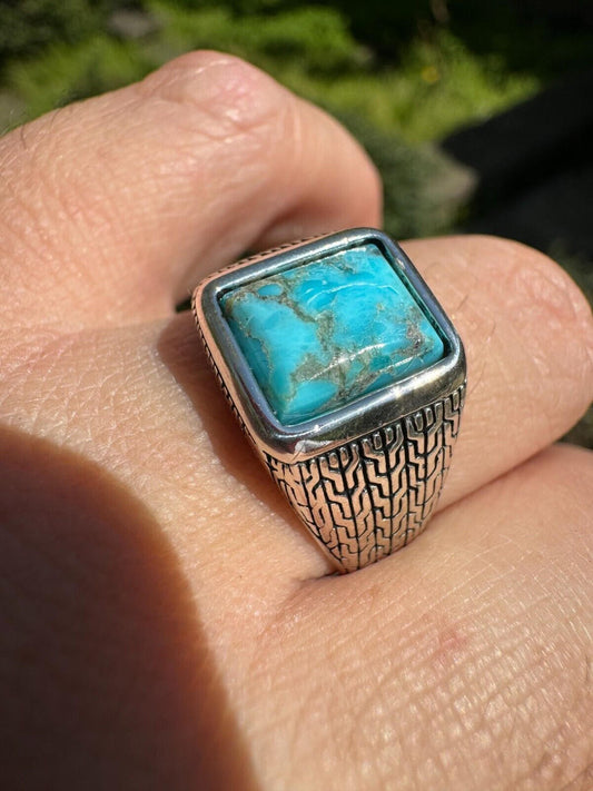 HarlemBling Blue Turquoise Mens Real Solid 925 Silver Navajo Native American Inspired Ring
