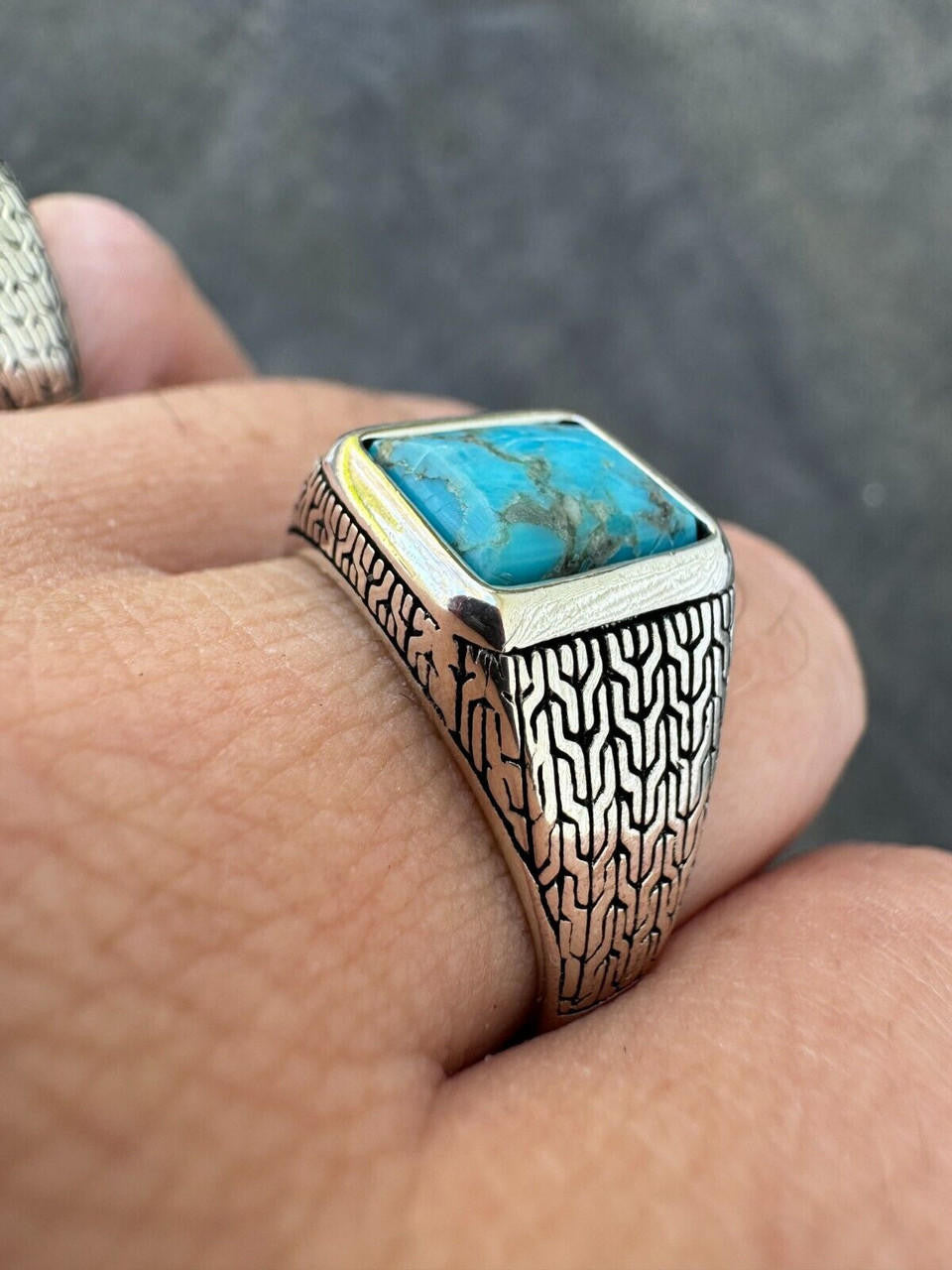 HarlemBling Blue Turquoise Mens Real Solid 925 Silver Navajo Native American Inspired Ring