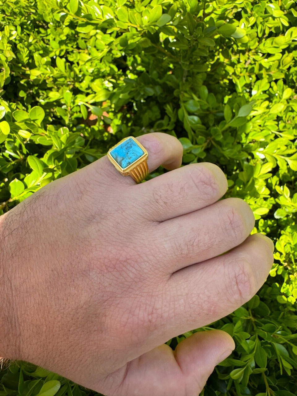 HarlemBling Blue Turquoise Ring Genuine Gemstone Mens Real 14k Gold Over 925 Sterling Silver