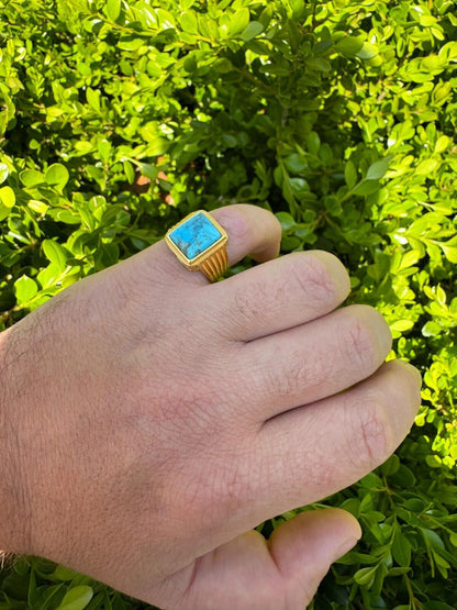 HarlemBling Blue Turquoise Ring Genuine Gemstone Mens Real 14k Gold Over 925 Sterling Silver