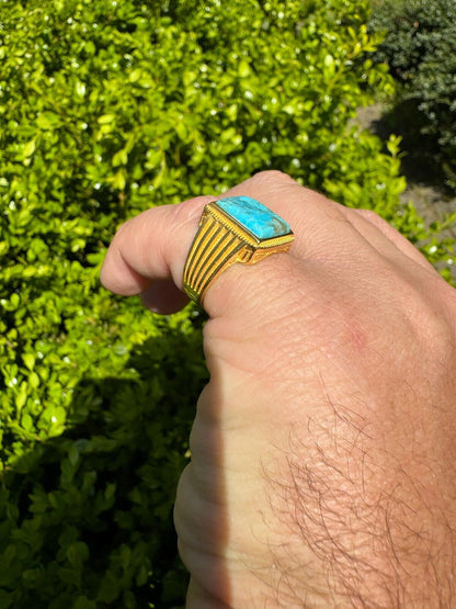 HarlemBling Blue Turquoise Ring Genuine Gemstone Mens Real 14k Gold Over 925 Sterling Silver