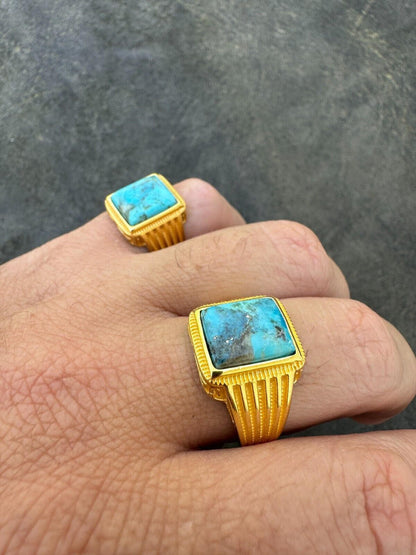 HarlemBling Blue Turquoise Ring Genuine Gemstone Mens Real 14k Gold Over 925 Sterling Silver