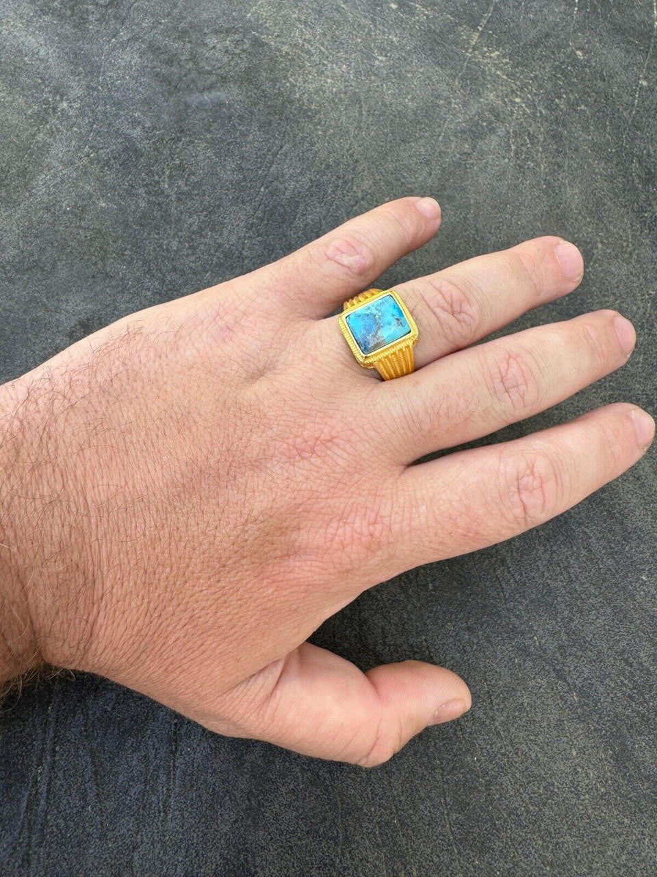 HarlemBling Blue Turquoise Ring Genuine Gemstone Mens Real 14k Gold Over 925 Sterling Silver