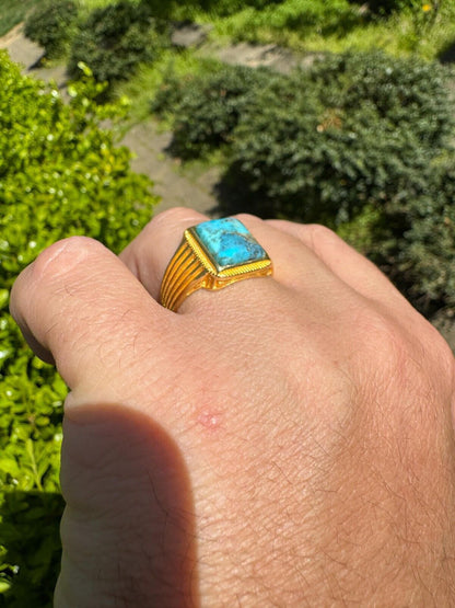 HarlemBling Blue Turquoise Ring Genuine Gemstone Mens Real 14k Gold Over 925 Sterling Silver
