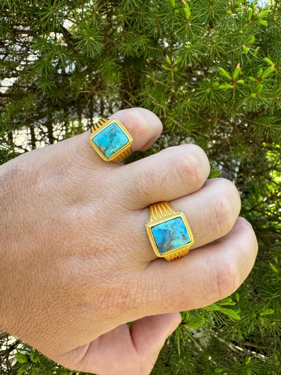 HarlemBling Blue Turquoise Ring Genuine Gemstone Mens Real 14k Gold Over 925 Sterling Silver