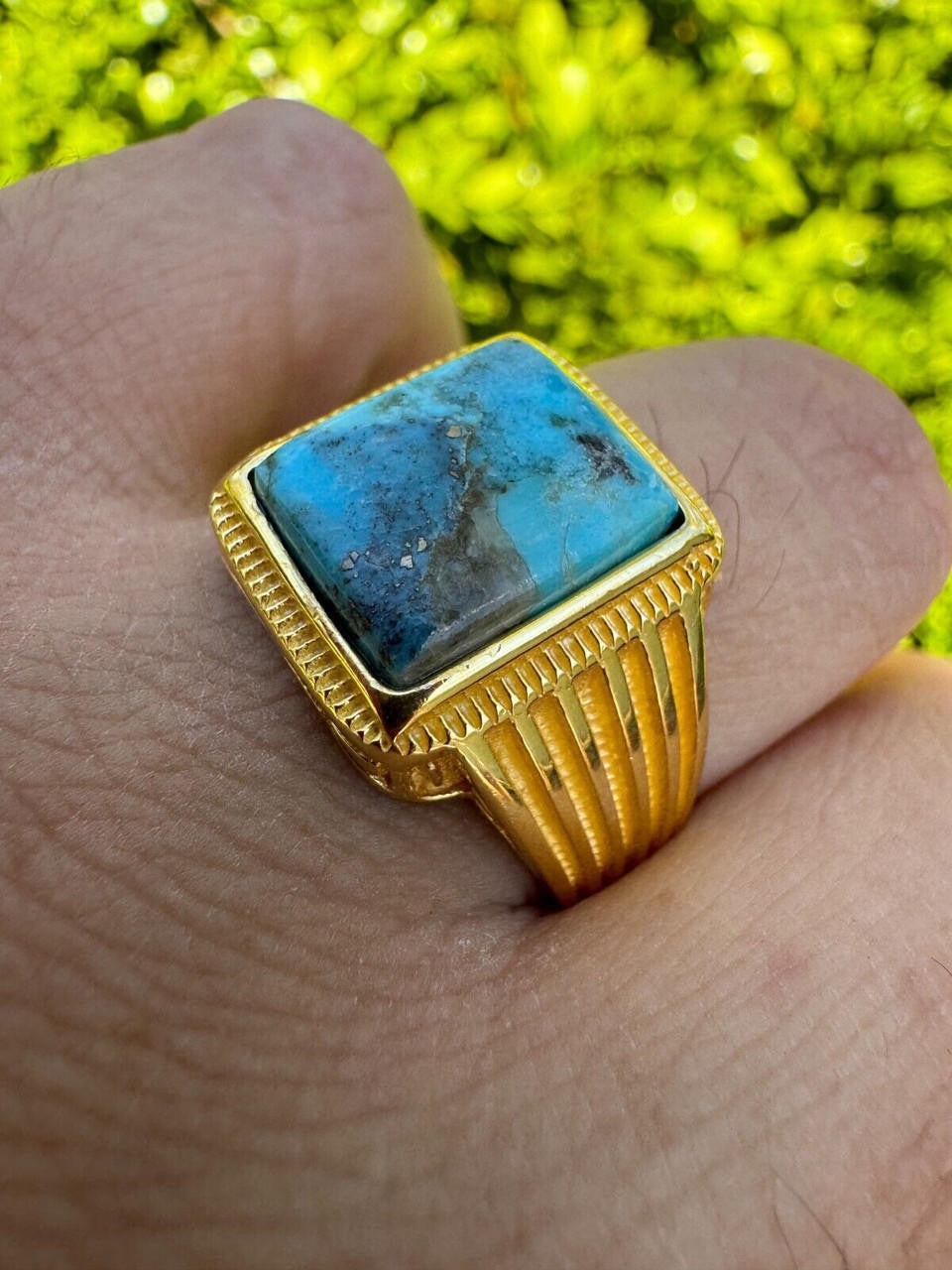 HarlemBling Blue Turquoise Ring Genuine Gemstone Mens Real 14k Gold Over 925 Sterling Silver