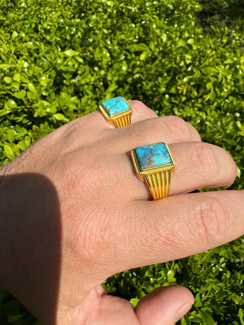 HarlemBling Blue Turquoise Ring Genuine Gemstone Mens Real 14k Gold Over 925 Sterling Silver