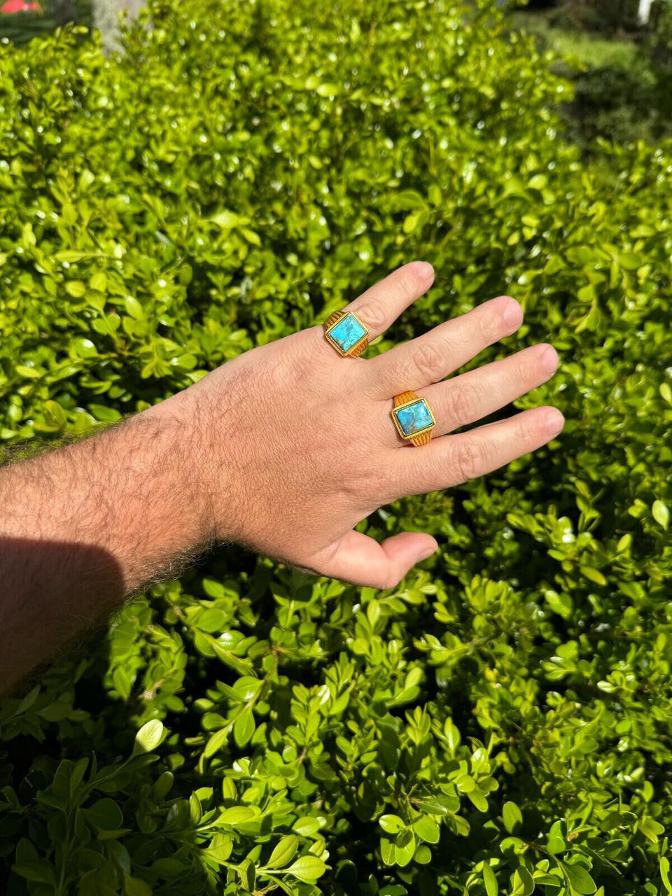 HarlemBling Blue Turquoise Ring Genuine Gemstone Mens Real 14k Gold Over 925 Sterling Silver