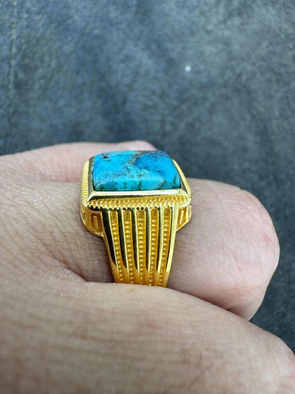HarlemBling Blue Turquoise Ring Genuine Gemstone Mens Real 14k Gold Over 925 Sterling Silver