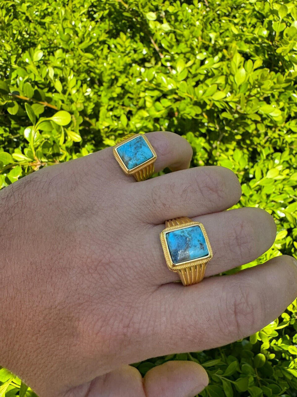 HarlemBling Blue Turquoise Ring Genuine Gemstone Mens Real 14k Gold Over 925 Sterling Silver