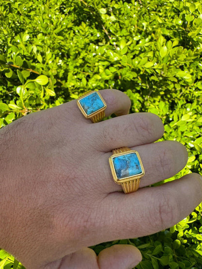 HarlemBling Blue Turquoise Ring Genuine Gemstone Mens Real 14k Gold Over 925 Sterling Silver