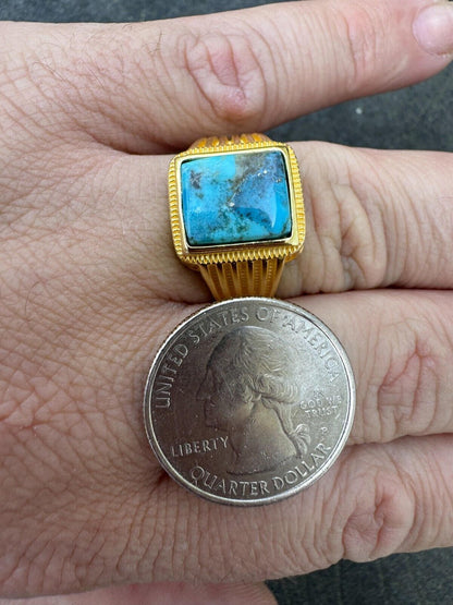 HarlemBling Blue Turquoise Ring Genuine Gemstone Mens Real 14k Gold Over 925 Sterling Silver