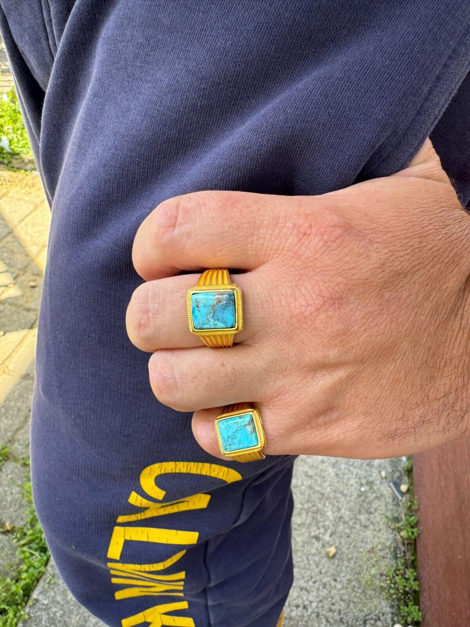 HarlemBling Blue Turquoise Ring Genuine Gemstone Mens Real 14k Gold Over 925 Sterling Silver