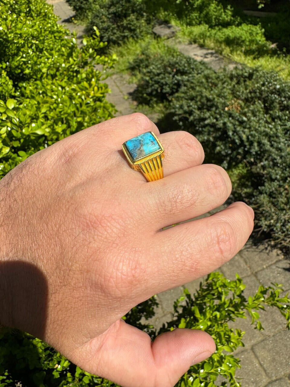 HarlemBling Blue Turquoise Ring Genuine Gemstone Mens Real 14k Gold Over 925 Sterling Silver