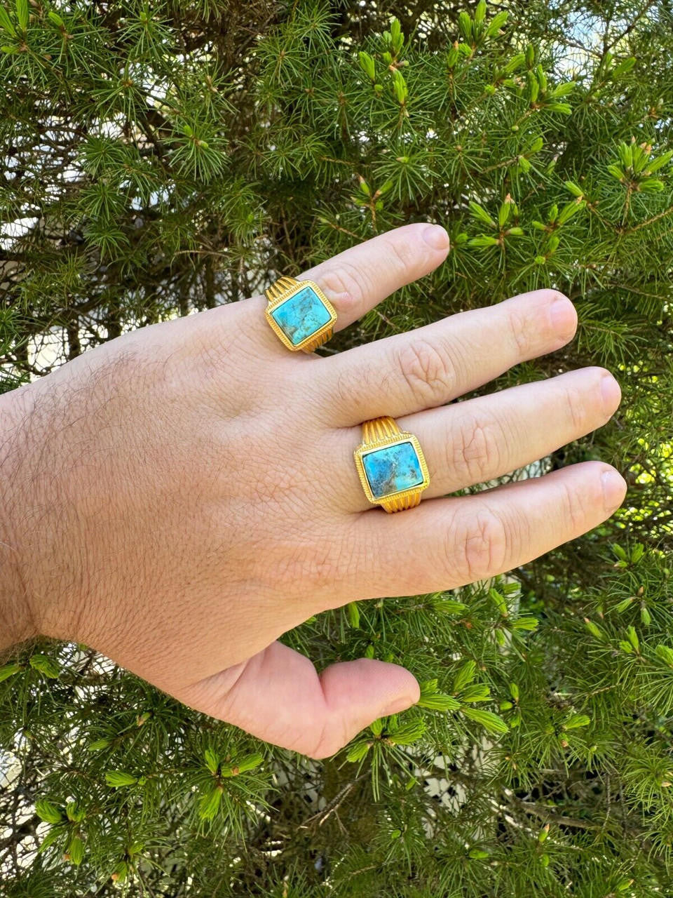 HarlemBling Blue Turquoise Ring Genuine Gemstone Mens Real 14k Gold Over 925 Sterling Silver