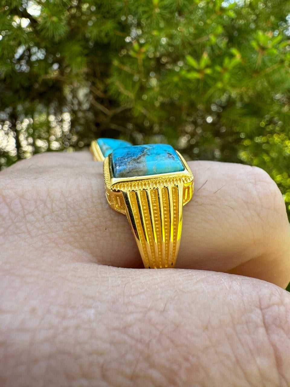 HarlemBling Blue Turquoise Ring Genuine Gemstone Mens Real 14k Gold Over 925 Sterling Silver