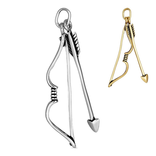 HarlemBling Bow and Arrow Cupid Pendant - 14k Gold Vermeil Or Oxidized 925 Silver - Medium 2"
