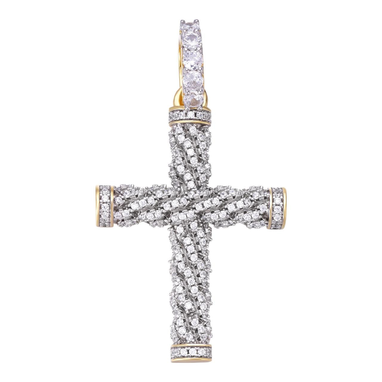 HarlemBling Braided Rope Iced Cross Pendant- 14k Gold Vermeil 925 Silver - CZ Stones - Medium 2"