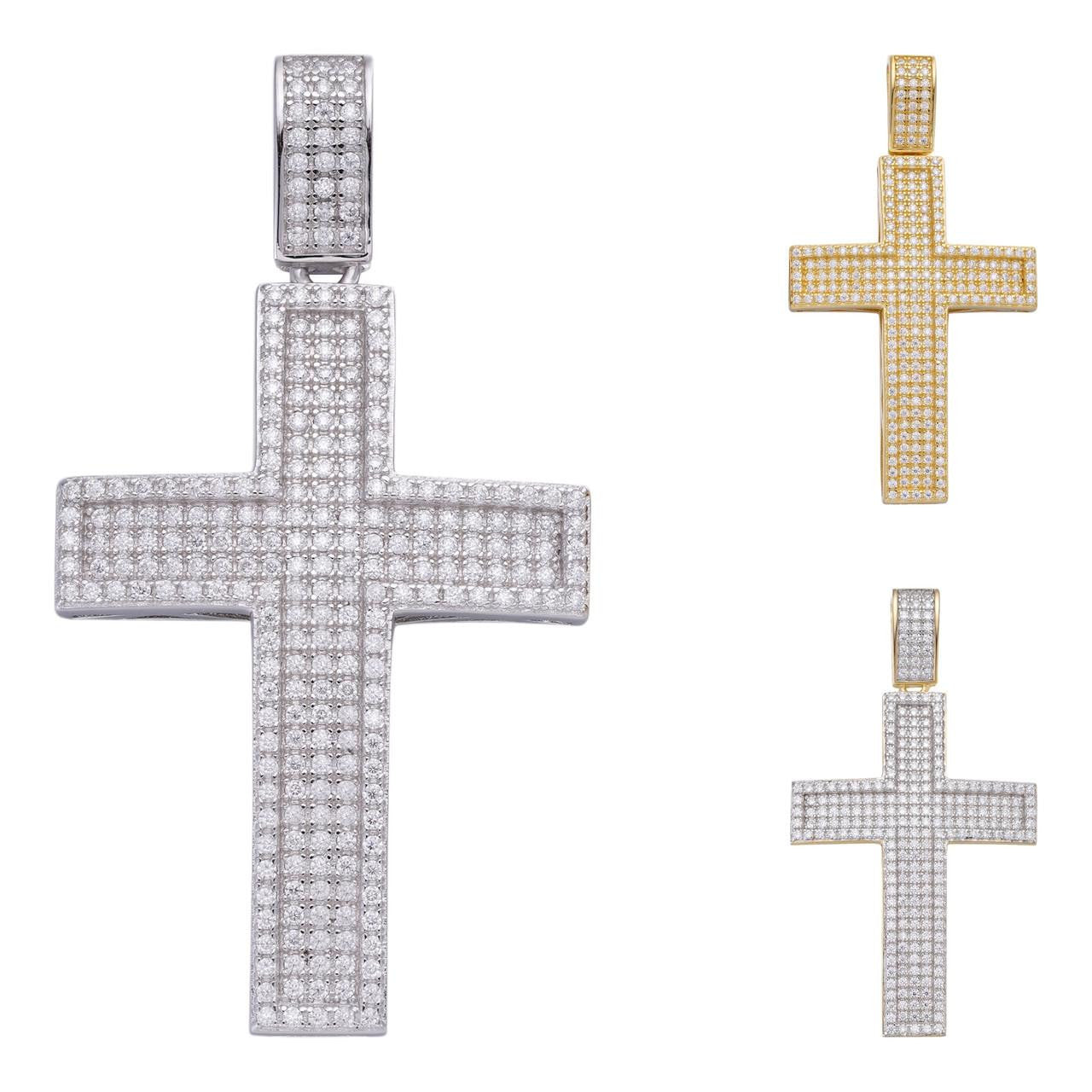 HarlemBling Bust Down Hip Hop Cross Pendant - 14k Yellow Gold Vermeil Or 925 Silver - CZ Stones - Medium 2"