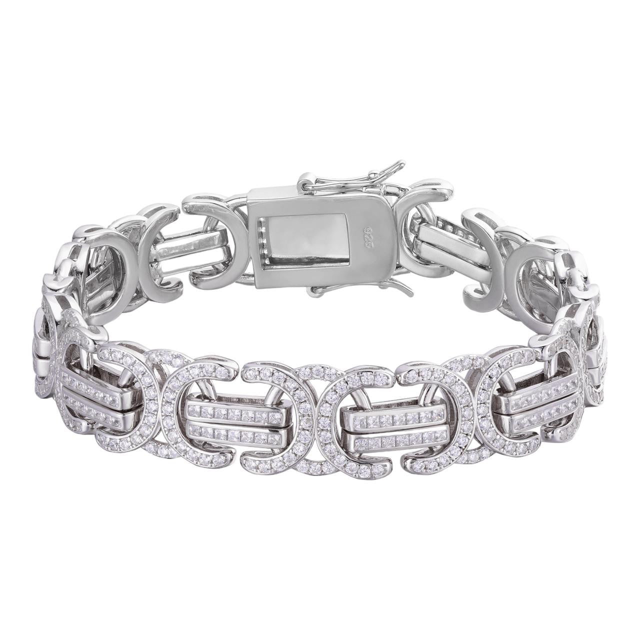 HarlemBling Byzantine Link Bracelet Iced Out CZ Stones - 925 Silver - 14mm - 8.5"