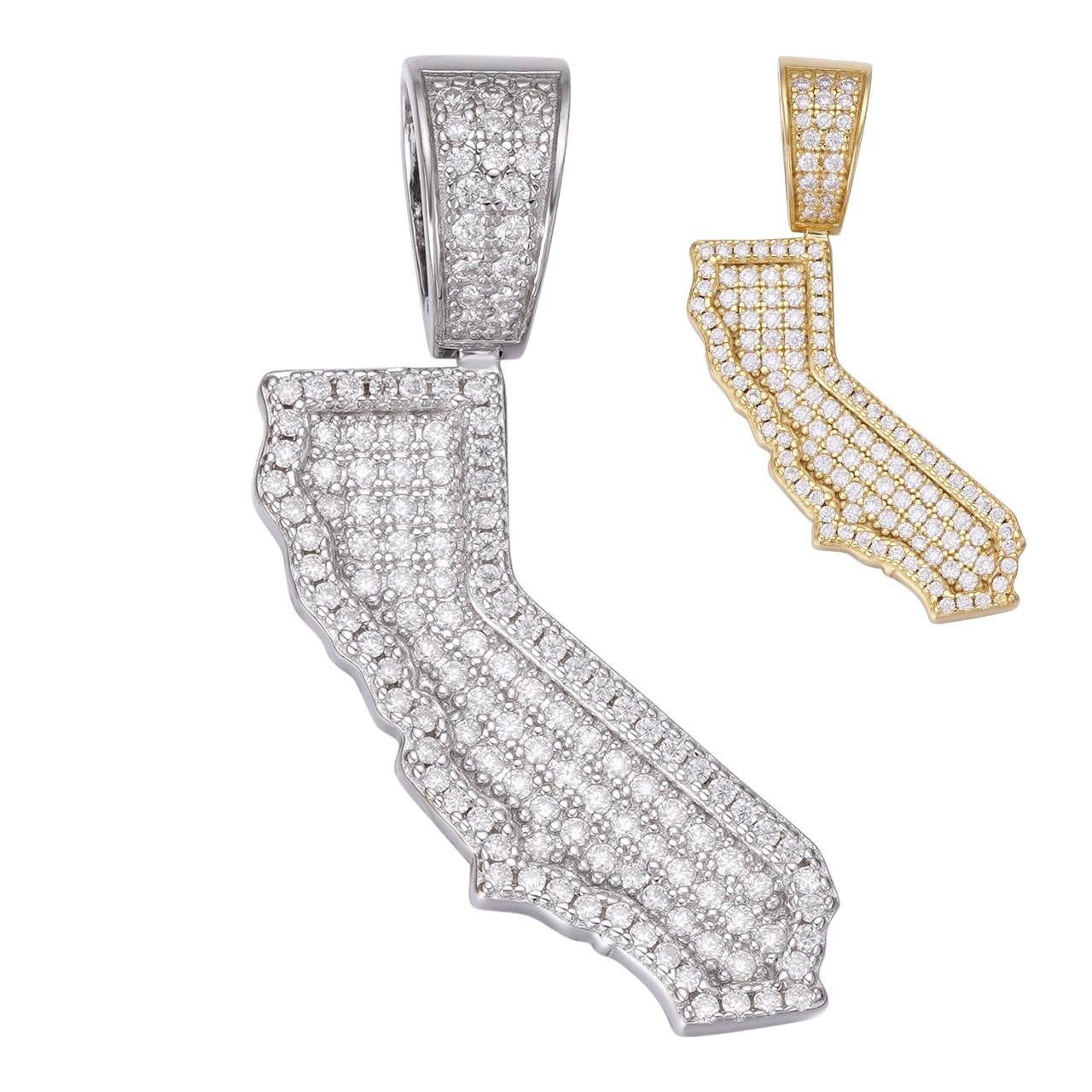 HarlemBling California State Shape Iced Out Pendant - 14k Gold Vermeil Or 925 Silver - CZ Stones - Small 1.5"
