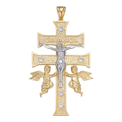 HarlemBling Caravaca Cross Double Crucifix Pendant - 14k Gold Vermeil & 925 Silver - CZ Stones - Large 3"