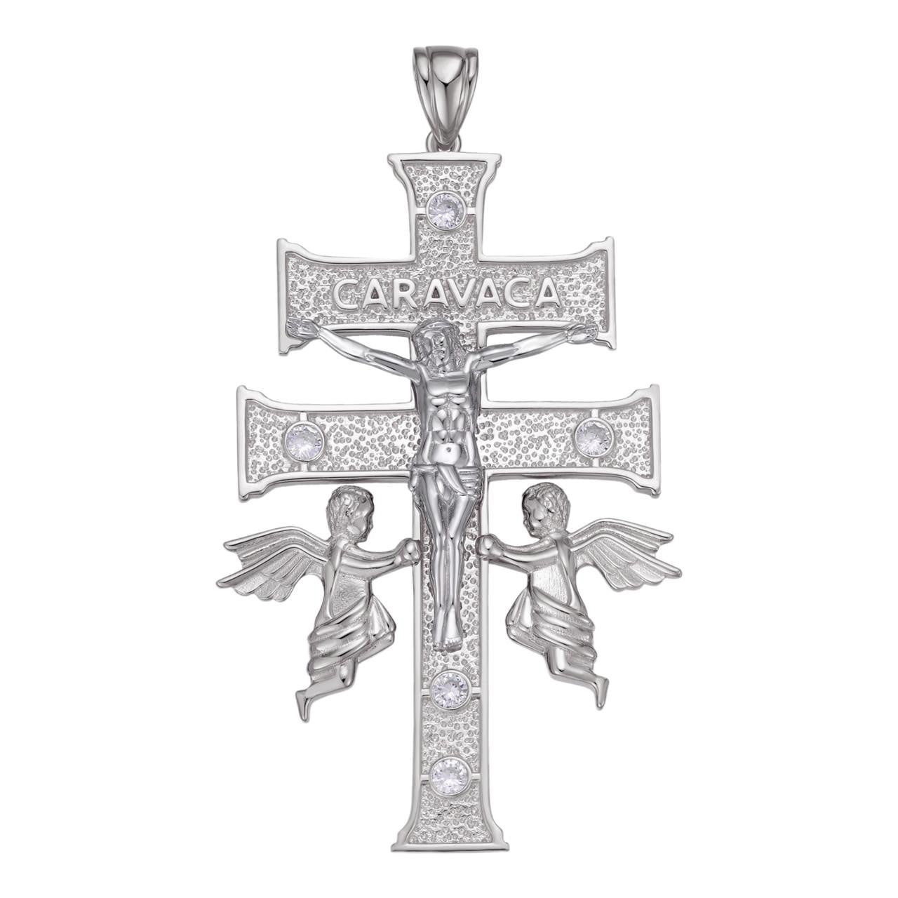 HarlemBling Caravaca Cross Double Crucifix Pendant - 925 Silver - CZ Stones - Large 3"
