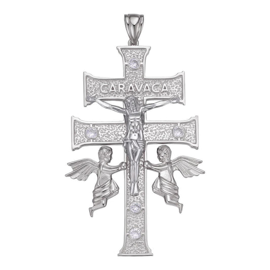 HarlemBling Caravaca Cross Double Crucifix Pendant - 925 Silver - CZ Stones - Large 3"