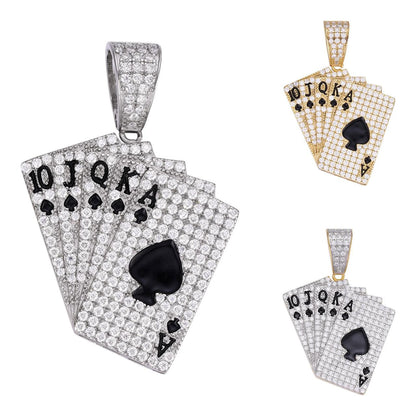 HarlemBling Card Deck Royal Flush Iced Out Pendant - 14k Gold Vermeil Or 925 Silver - CZ Stones - Small 1.5"