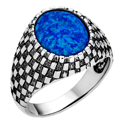 HarlemBling Checkerboard Ring - 925 Silver Oxidized - Synthetic Blue Opal