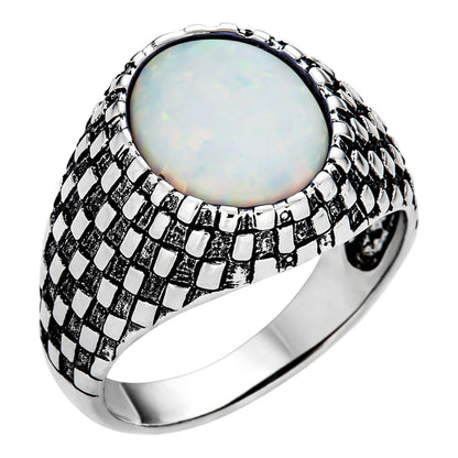 HarlemBling Checkerboard Ring - 925 Silver Oxidized - Synthetic White Opal