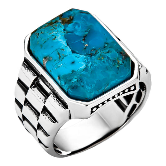 HarlemBling Chief Soldier Ring - 925 Silver Oxidized - Genuine Blue Turquoise Stone