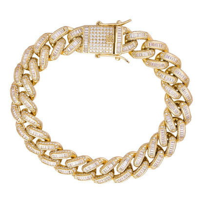 HarlemBling Classic Baguette Miami Cuban Link Braceket Iced Out - 14k Gold Vermeil 925 Silver - 12mm - 7"-8.5"