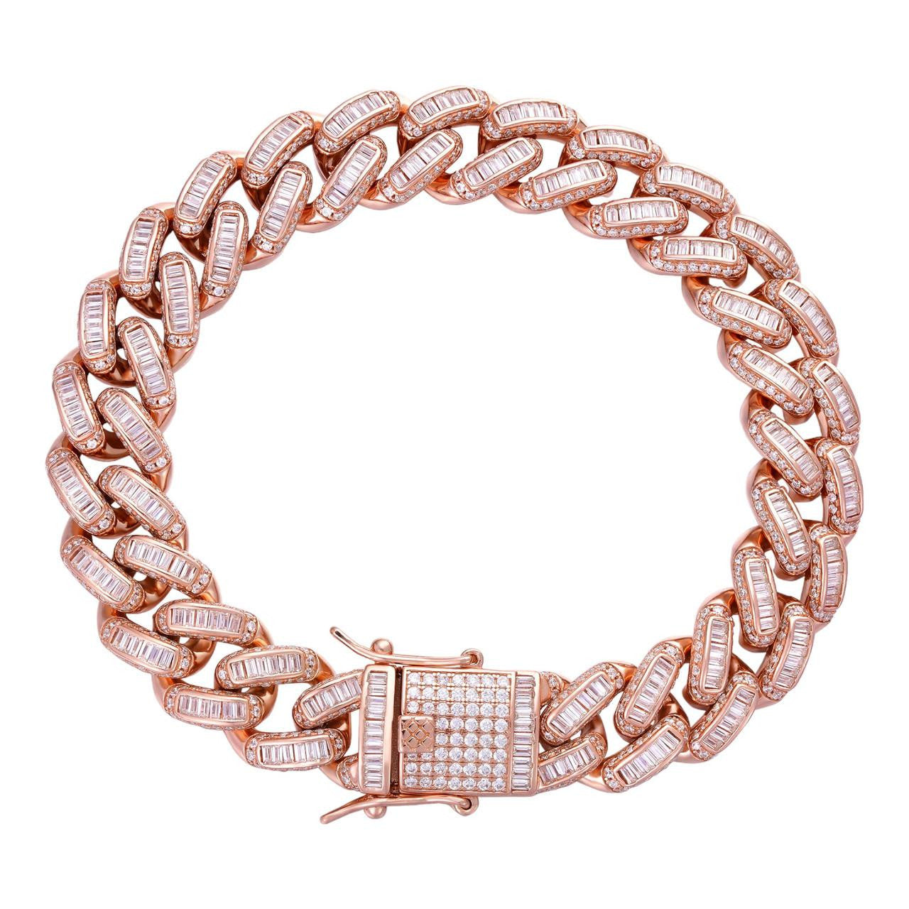 HarlemBling Classic Baguette Miami Cuban Link Bracelet Iced Out - 14k Rose Gold Vermeil 925 Silver - 12mm - 7"-8.5"
