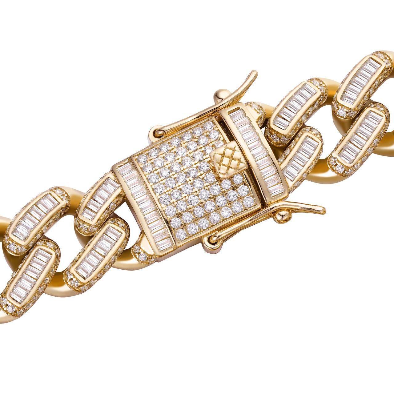 HarlemBling Classic Baguette Miami Cuban Link Chain Necklace Iced Out CZ Stones - 14k Gold Vermeil 925 Silver - 12mm - 18-30"