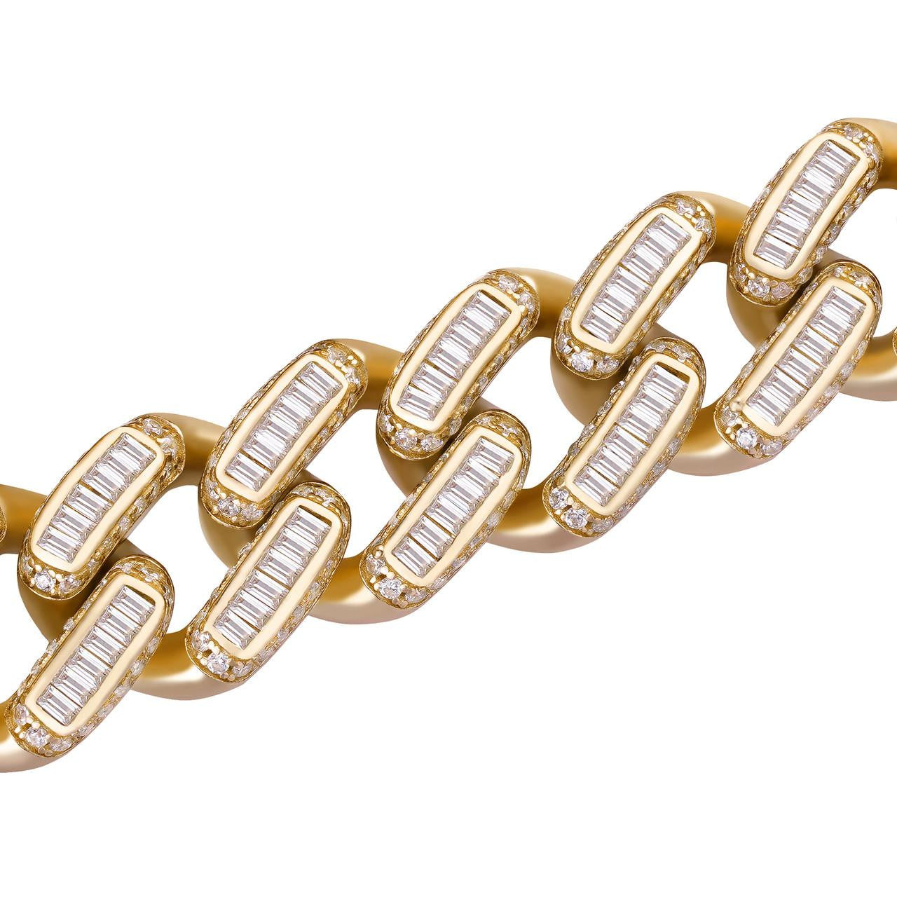 HarlemBling Classic Baguette Miami Cuban Link Chain Necklace Iced Out CZ Stones - 14k Gold Vermeil 925 Silver - 12mm - 18-30"