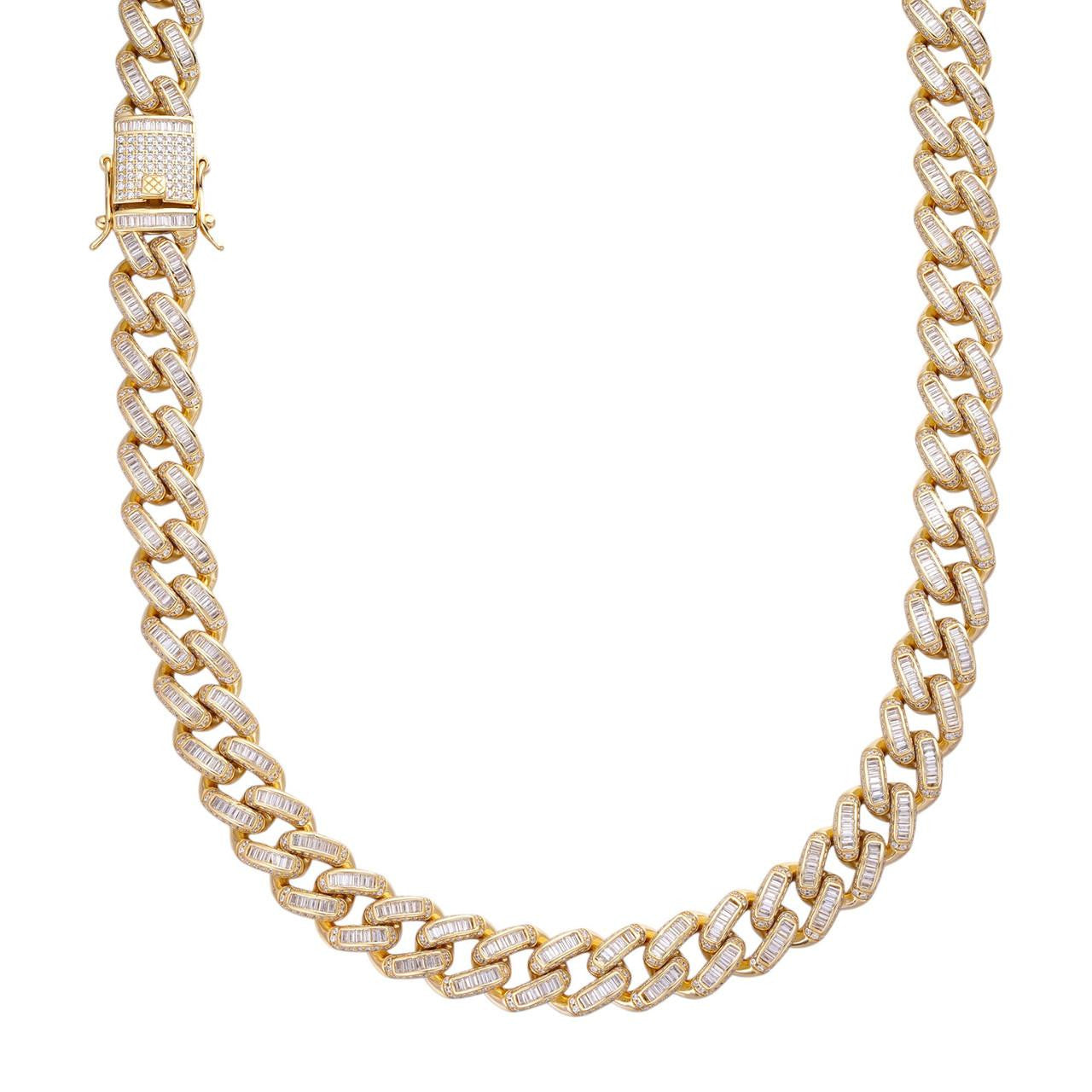 HarlemBling Classic Baguette Miami Cuban Link Chain Necklace Iced Out CZ Stones - 14k Gold Vermeil 925 Silver - 12mm - 18-30"