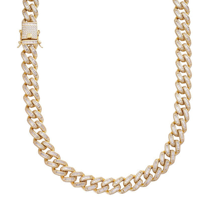 HarlemBling Classic Baguette Miami Cuban Link Chain Necklace Iced Out CZ Stones - 14k Gold Vermeil 925 Silver - 12mm - 18-30"