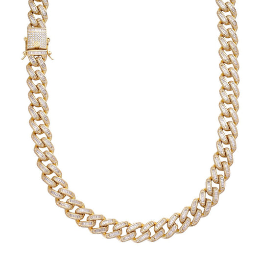 HarlemBling Classic Baguette Miami Cuban Link Chain Necklace Iced Out CZ Stones - 14k Gold Vermeil 925 Silver - 12mm - 18-30"