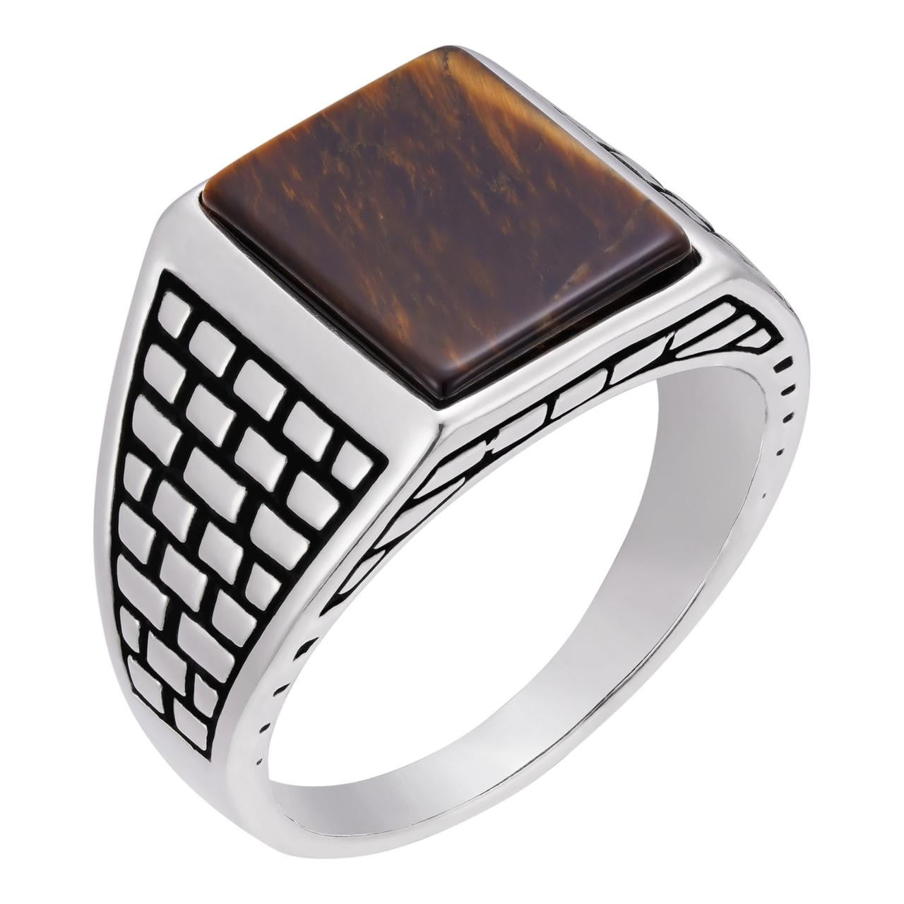 HarlemBling Classic Brick Road Ring - 925 Silver Oxidized - Genuine Tiger's Eye Stone