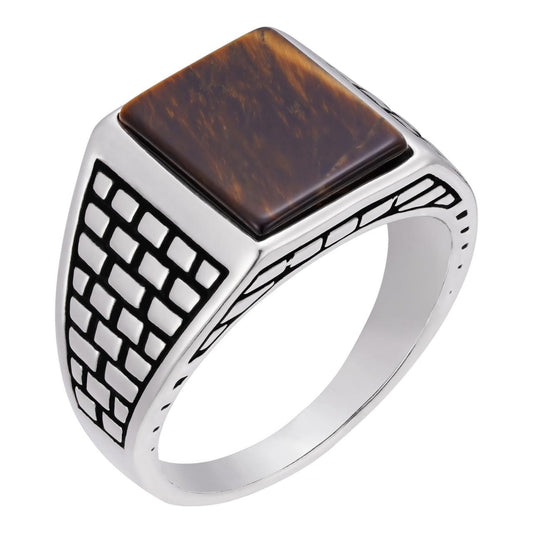HarlemBling Classic Brick Road Ring - 925 Silver Oxidized - Genuine Tiger's Eye Stone