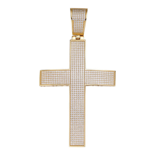 HarlemBling Classic Iced Out Cross Pendant - 14k Gold Vermeil 925 Silver - CZ Stones - Huge 4"