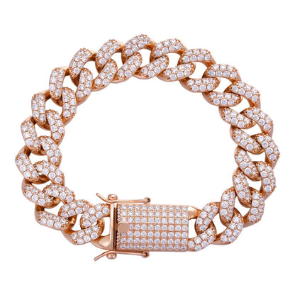 HarlemBling Classic Miami Cuban Link Bracelet Iced Out CZ Stones - Rose Gold Vermeil & 925 Silver - 15mm - 8.5"