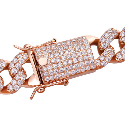 HarlemBling Classic Miami Cuban Link Chain Necklace Iced Out CZ Stones - 14k Gold Vermeil 925 Silver - 15mm - 18-36"