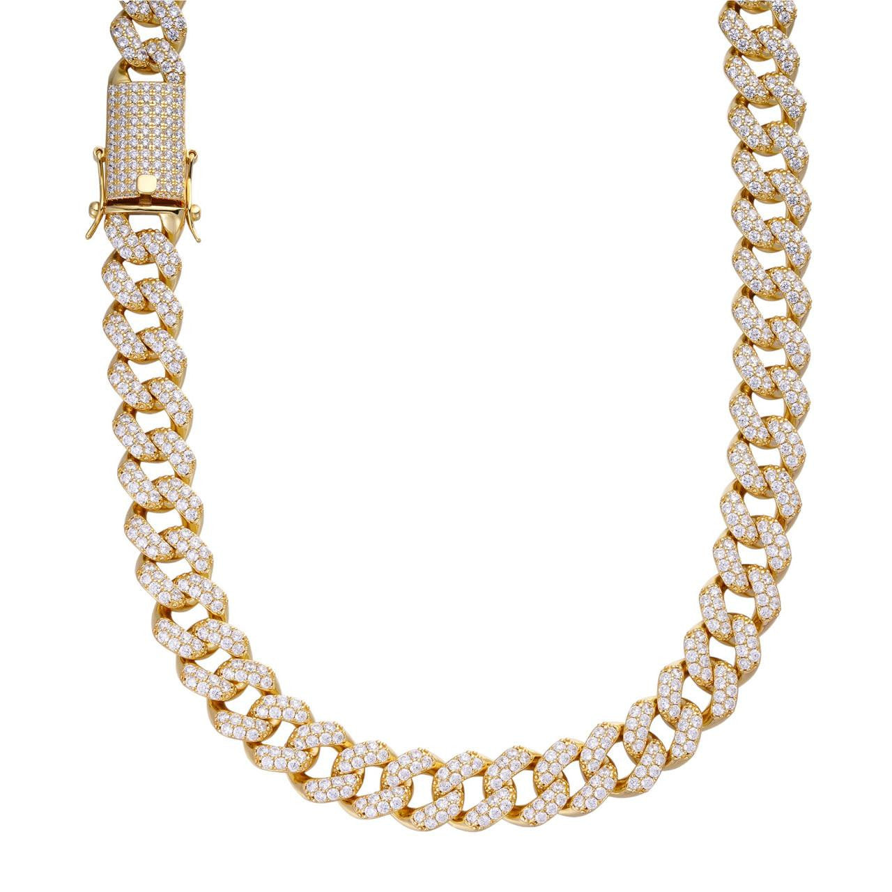 HarlemBling Classic Miami Cuban Link Chain Necklace Iced Out CZ Stones - 14k Gold Vermeil 925 Silver - 6mm-18mm - 16-30"