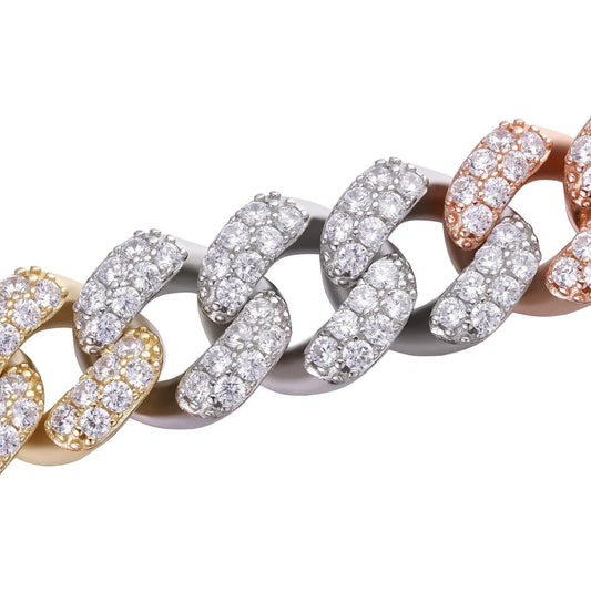 HarlemBling Classic Miami Cuban Link Chain Necklace Iced Out CZ Stones - Tricolor 14k Yellow & Rose Gold Vermeil & 925 Silver - 15mm - 18-36"