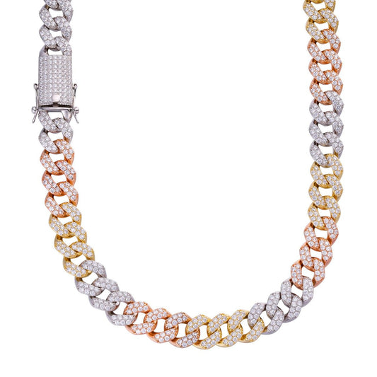 HarlemBling Classic Miami Cuban Link Chain Necklace Iced Out CZ Stones - Tricolor 14k Yellow & Rose Gold Vermeil & 925 Silver - 15mm - 18-36"