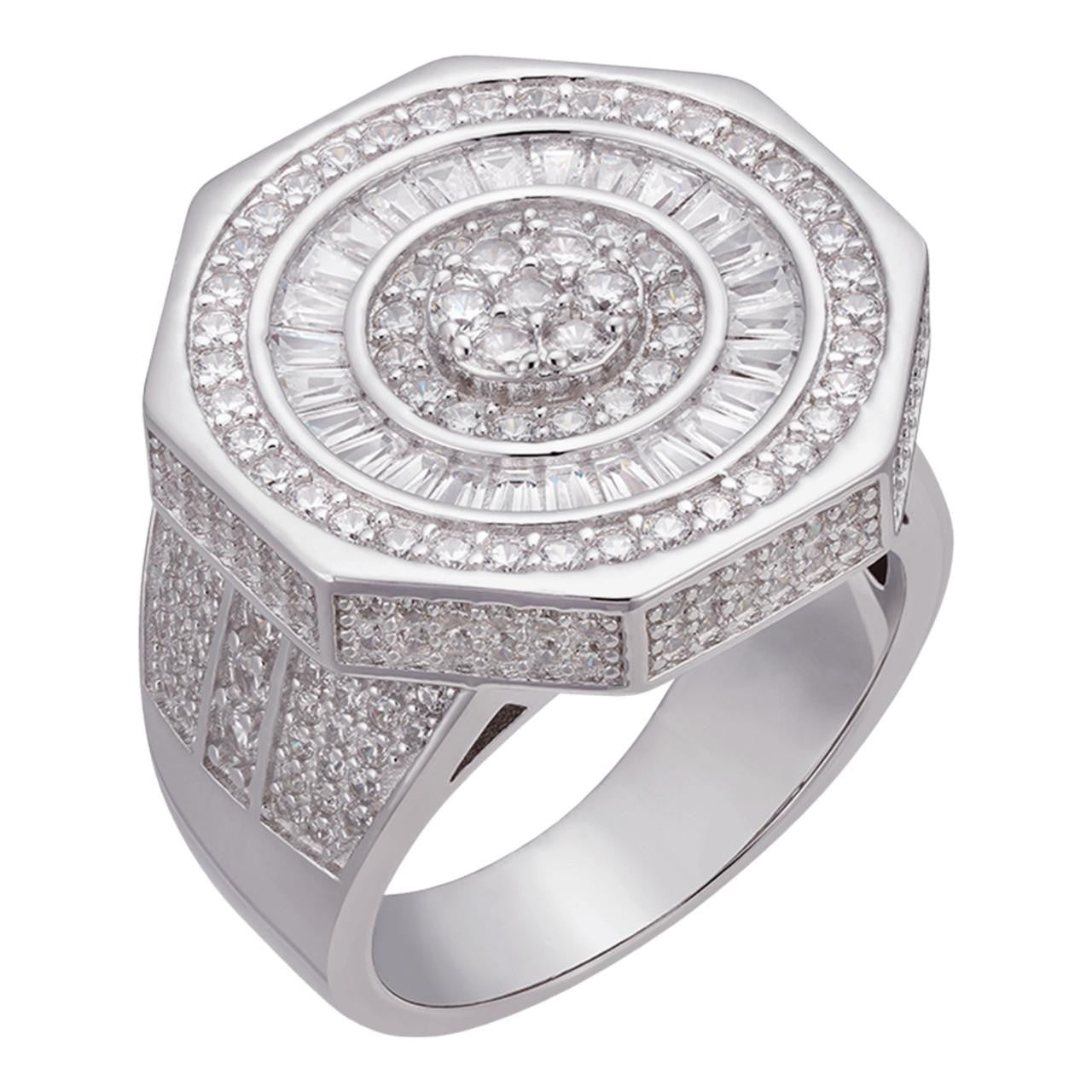 Baugette Rapper Ring Large Real Solid 925 Sterling Silver Men's Baguette Diamond Pinky Ring ...