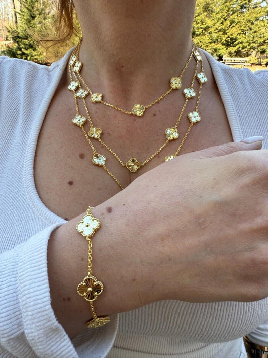 HarlemBling Cleef Clover Link Chain Necklace Or Bracelet Diamond Cut Motifs - 14k Gold Vermeil 925 Sterling Silver - 5.5"-24"