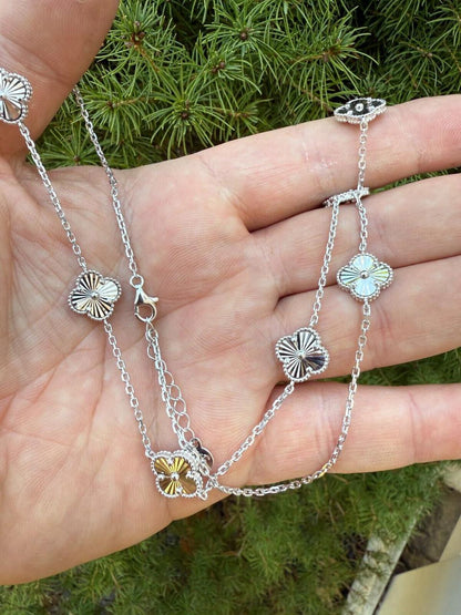 HarlemBling Clover Link Chain Necklace Or Bracelet Diamond Cut Motifs - 925 Sterling Silver - 5.5"-24"